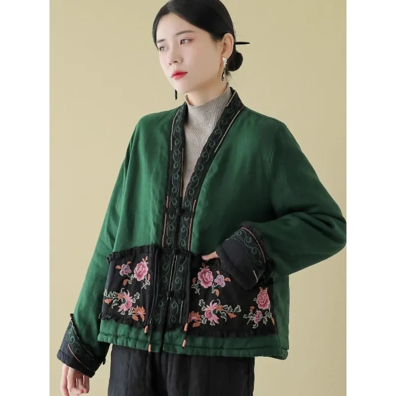 Autumn Winter Ethnic Style Linen Plate Buckle Embroidery Embroidered Tang Suit Tops Cotton Clothes Women's Fashion Tea Clothes