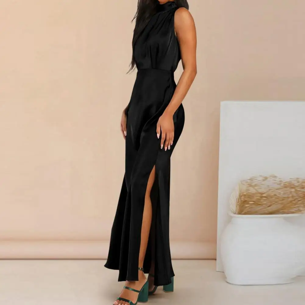 Ladies Maxi Dress Lady Summer Dress Elegant Maxi Dress with High Slim Waist Side Split Silky Mock Collar for Prom or Evening