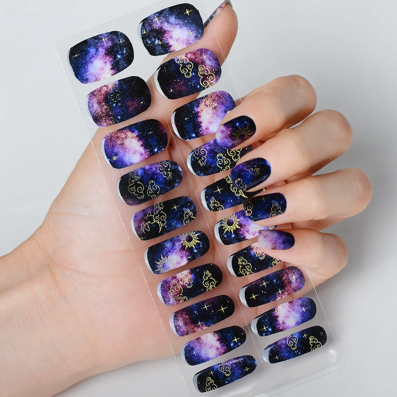 Starry Purple Art Stickers Design Semi Cured Gel Nail Stickers 3D Glitter French Nails Decals Manicure Decor UV Lamp Need