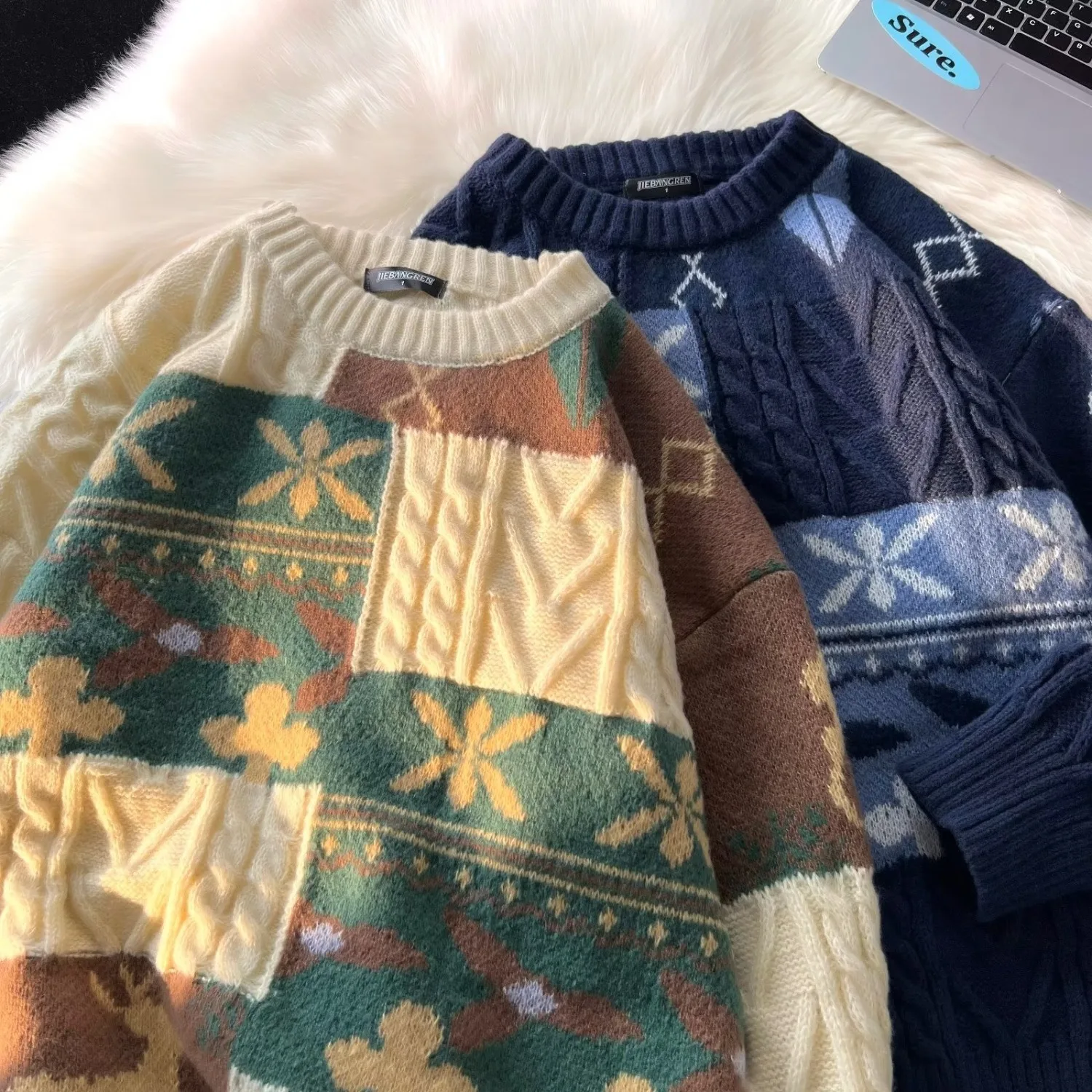 Men's New Autumn and Winter Patchwork Sweaters, Fashionable and Versatile Round-Neck Tops