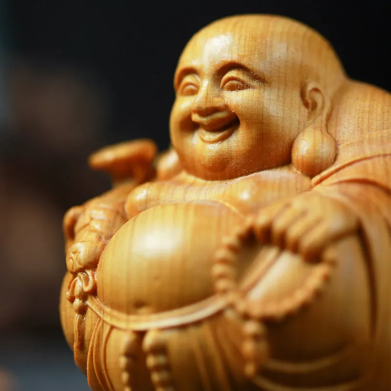 Tallado en madera Buda Maitreya, adornos de escritorio en miniatura, artesanía de Buda riendo de madera, regalo, mango de estilo chino, suministros