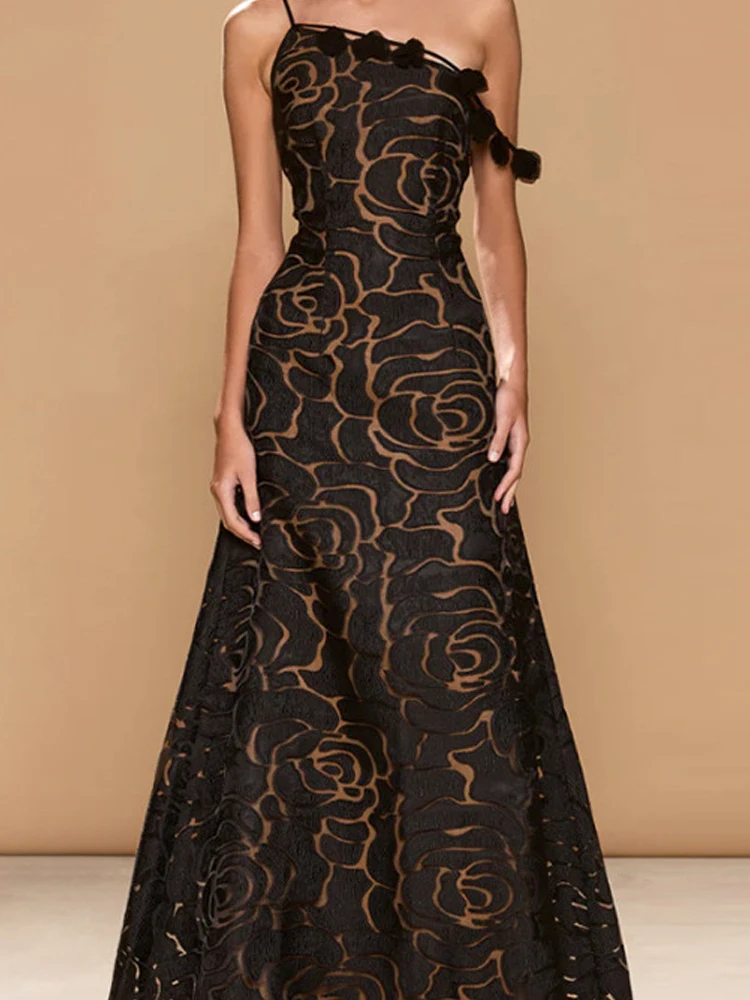 Women Sexy Off Shoulder Sleeveless Gowns Dress Women Elegant Embroidery Hollow Out Suspender Dress Casual Backless Long Dresses