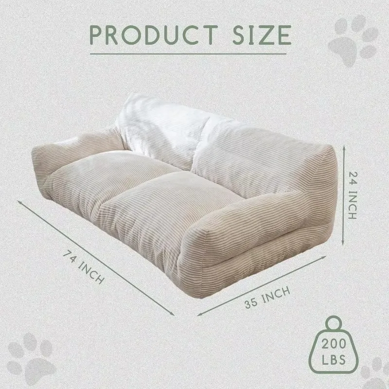 Big Comfy Floor Sofa Couch for Pet Families with Foam Chunk Supportive Mat, Corduroy Orthopedic Dog Bed for Human, Beige