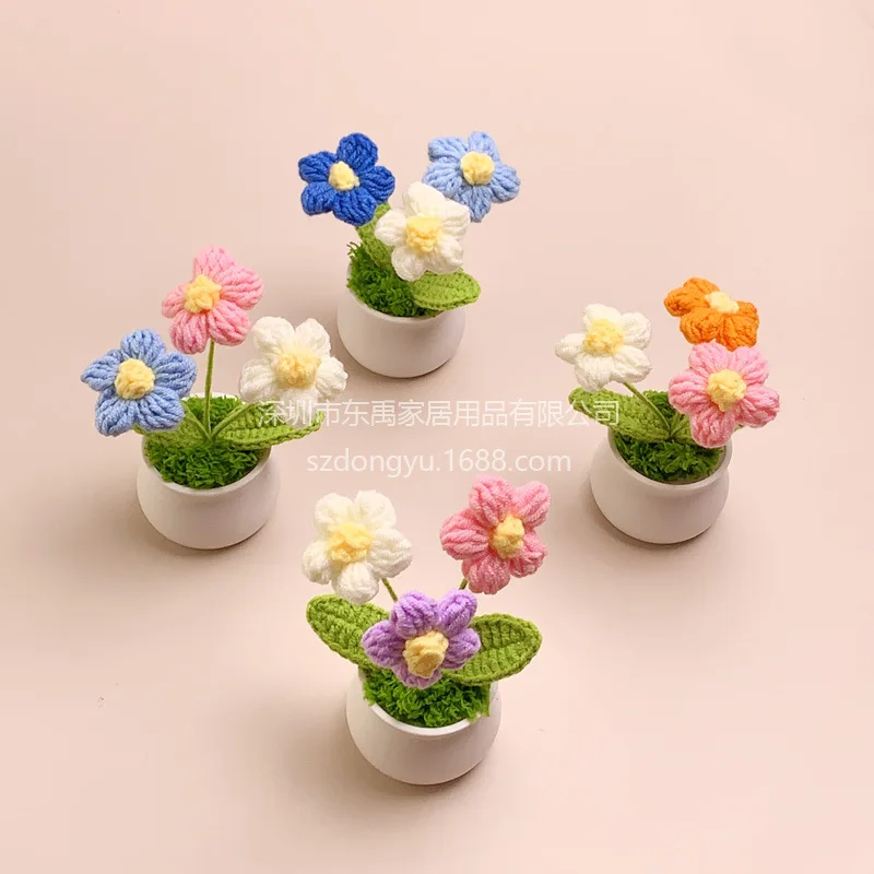 Finished Handmade Woven Flower Potted Home Decoration Yarn Crochet Simulated Flower Sunflower Lily of The Valley Rose Bouquet