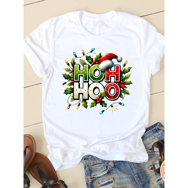 Women Ho Ho Ho Christmas Letter Print T‑Shirt Short Sleeve Round Neck Santa Hat Holly Light Graphic Casual Ladies Fashion Tee