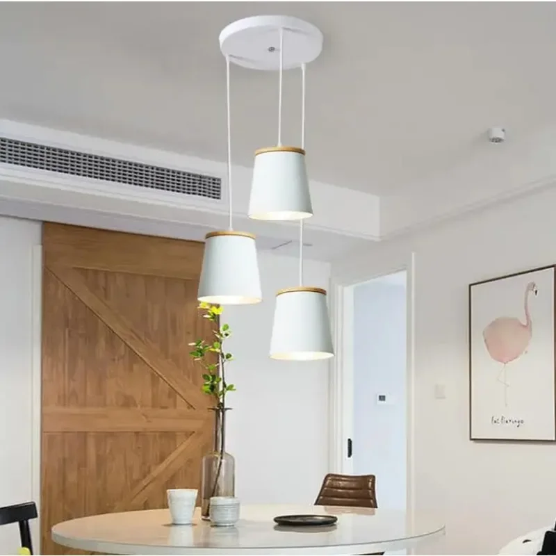 

Creative Led modern pendant wood bar+metal suspension for dining room white hanging lamps