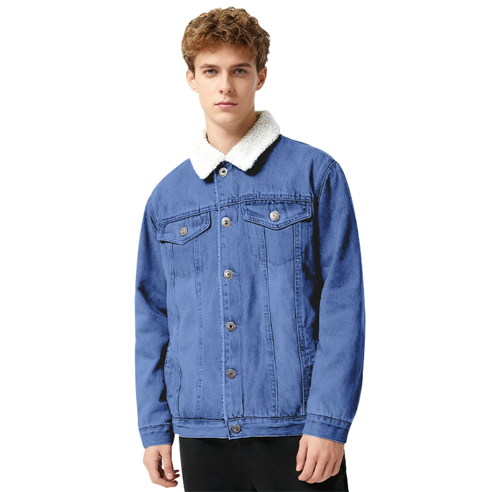 

Winter Men'S Casual And Fashionable Workwear Jacket With Fleece Denim Chest Pocket Lapel Jacket Suitable For Outdoor Wear