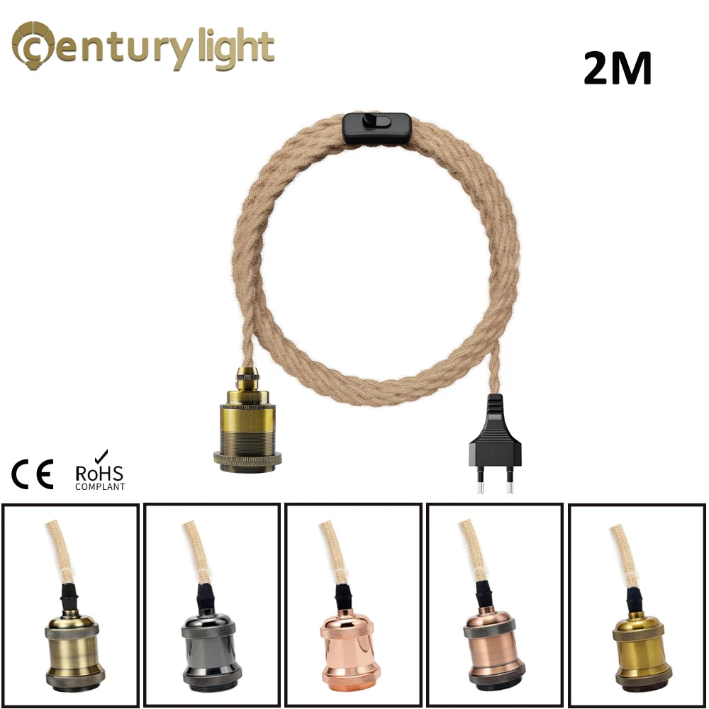 2M 3M Power Cord Pendant Light Twist Hemp Rope Cables E26 E27 Lamp Holder EU Plug with Switch Wire Edison Bulb Socket Cord Cable