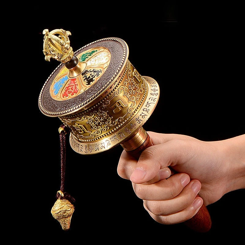 Tibetan Hand Crank Prayer Wheel 50000 Six Syllables Copper Painted Buddhist Decor
