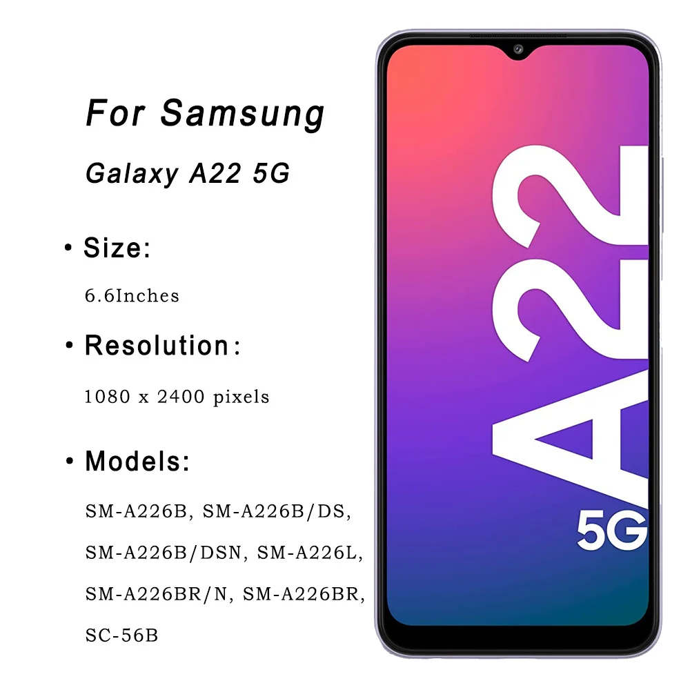 شاشة LCD 6.6 بوصة لهاتف سامسونج جالاكسي A22 5G SM-A226B/DS مجموعة المحولات الرقمية لشاشة تعمل بلمس مع إطار لـ A226 A226B A226BR A226L