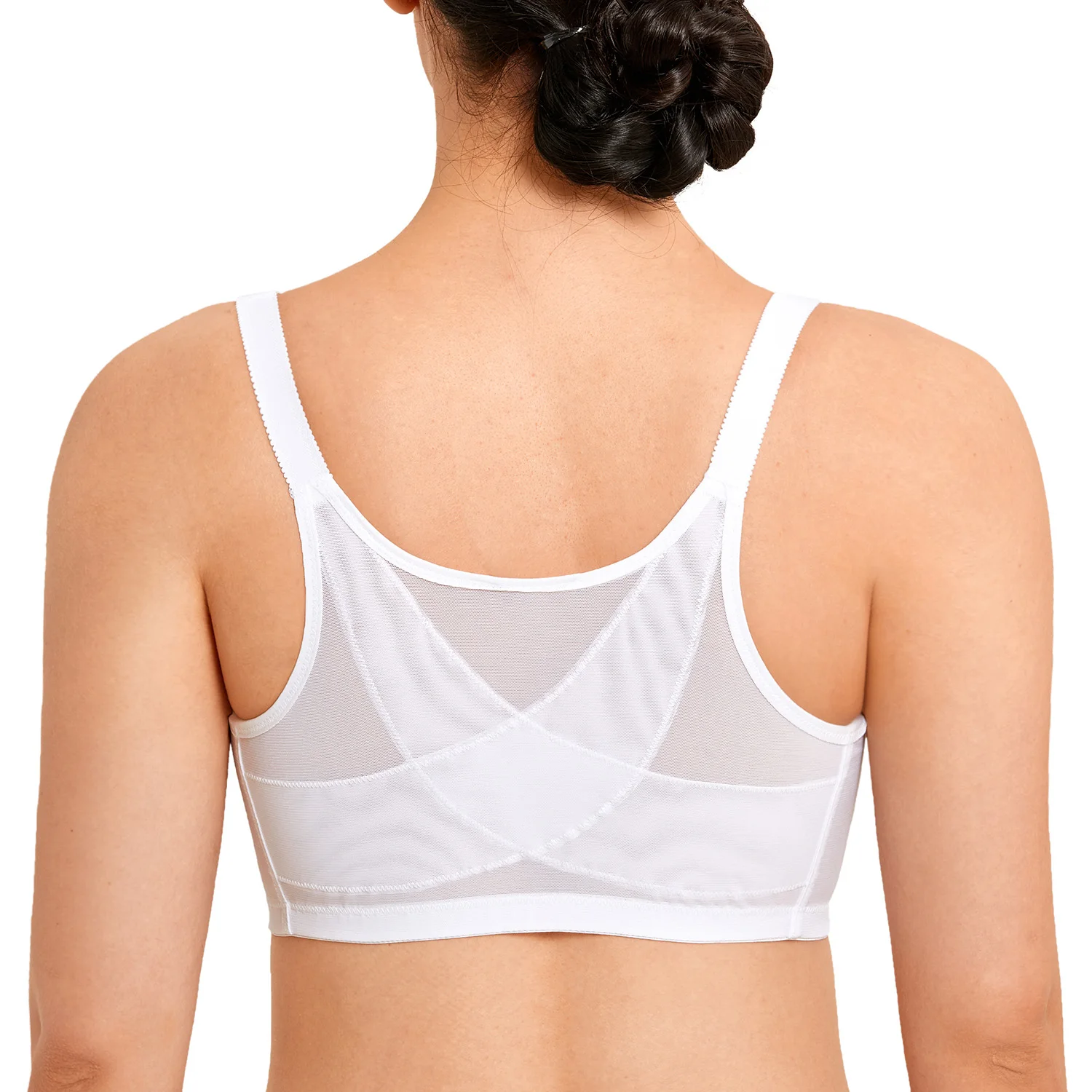 Women\'s Floral Lace Full Figure Wire Free Non-padded X-shape Back Support Posture Front Closure Bra