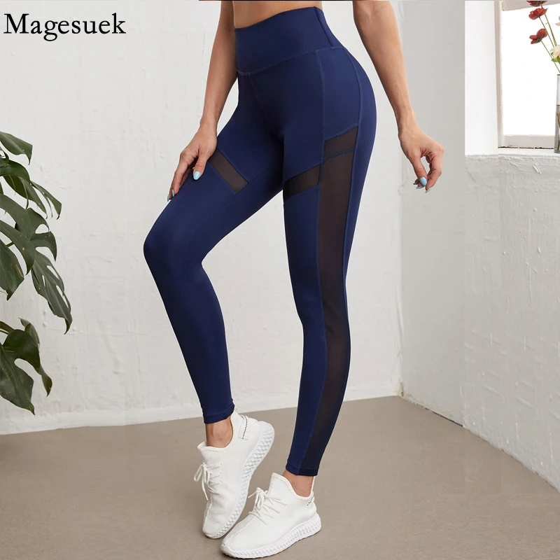 2022 mulheres ginásio elástico calças de yoga fitness malha retalhos cintura alta legging para o esporte feminino push up apertado azul mulher calça 18817