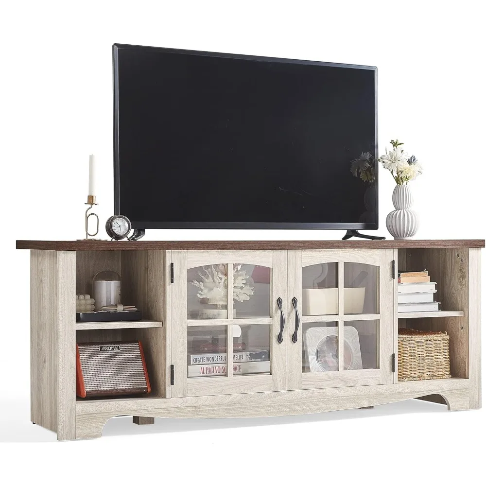 Farmhouse TV Stand for 65 Inch TV, Wood Entertainment Center with Glass Door Storage Cabinet & Adjustable Shelves