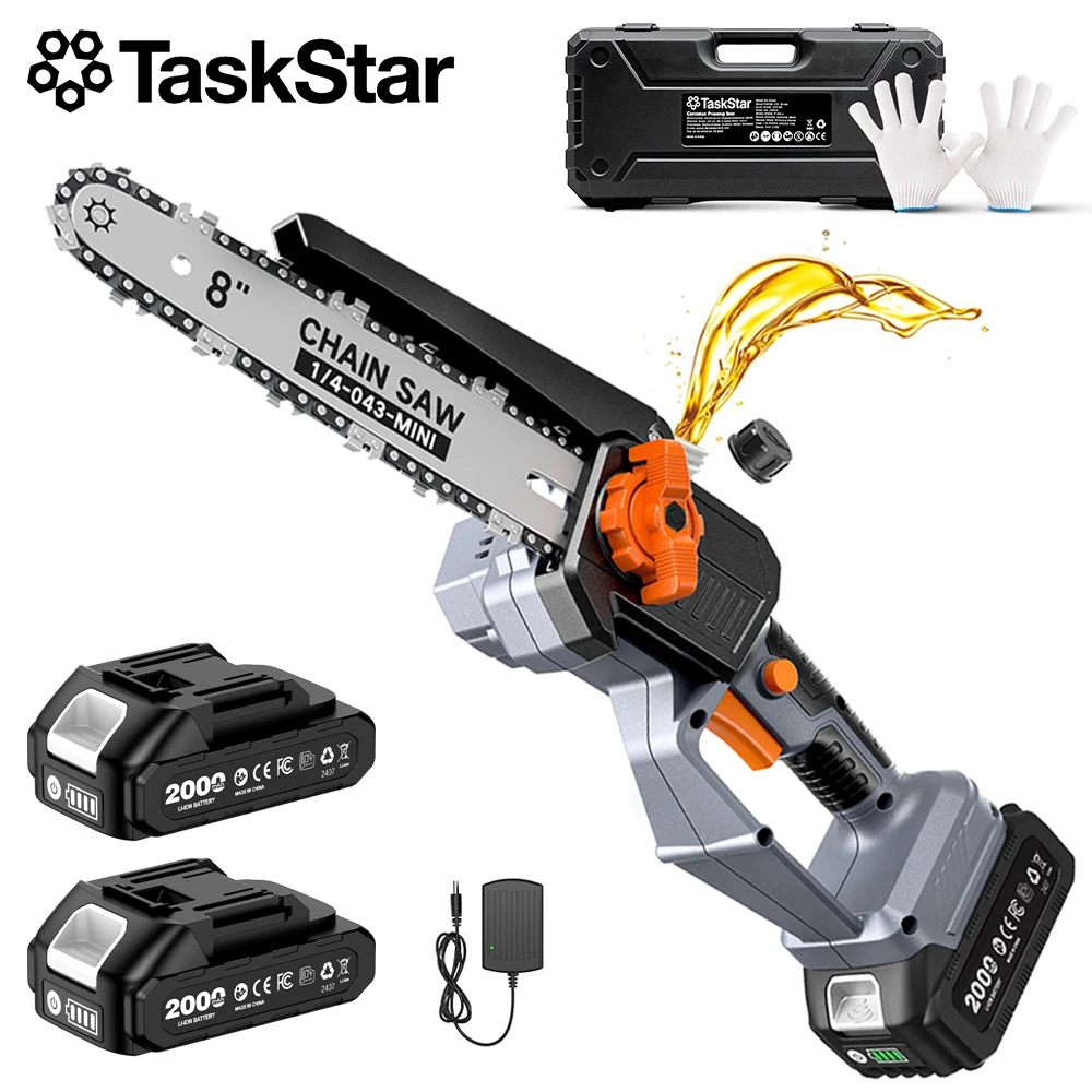 TaskStar 8-Zoll-Elektrokettensäge, 1000 W, bürstenloser Motor, kabellose Astsäge mit 2 2000 mAh-Akkus zum Baumschnitt und zum Holzschneiden