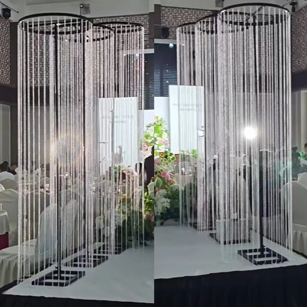 

4pcs/6pcs H200cm/220cm tall Custom New Design Aisle Black Arch With Curtain Beads Chandelier Stand Metal Backdrop For Wedding