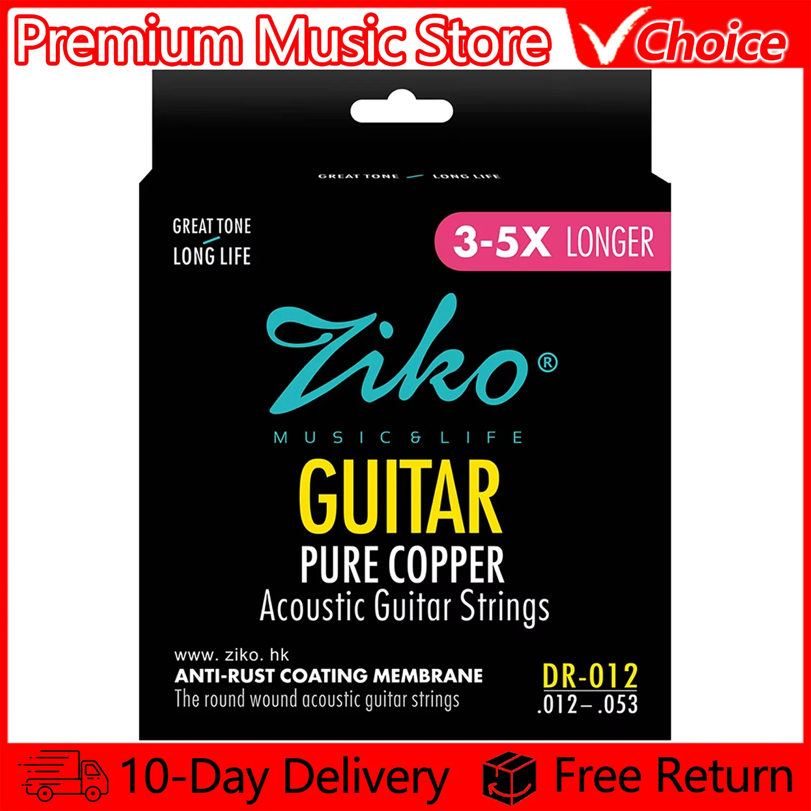 ZIKO DR-012 Acoustic Guitar Strings Hexagon Alloy Wire Pure Copper Wound Anti-Rust Coating Acoustic Guitar Strings Accessories