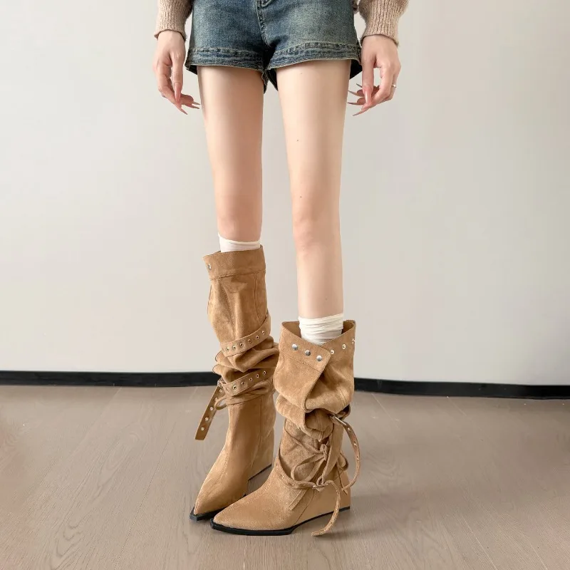 Women Faux Suede Over The Knee Boots Rivet Strap Wedge Heel Pointed Toe Tall Boots Free Shipping Hot Sale Three ways of wearing