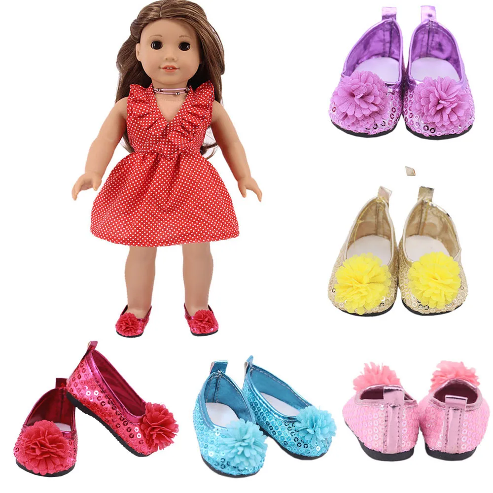 

7CM Bow Sequin Shoes with Flower Fit 43CM Baby New Born Doll & 18 Inch American Doll Clothes Girl`s Accessories