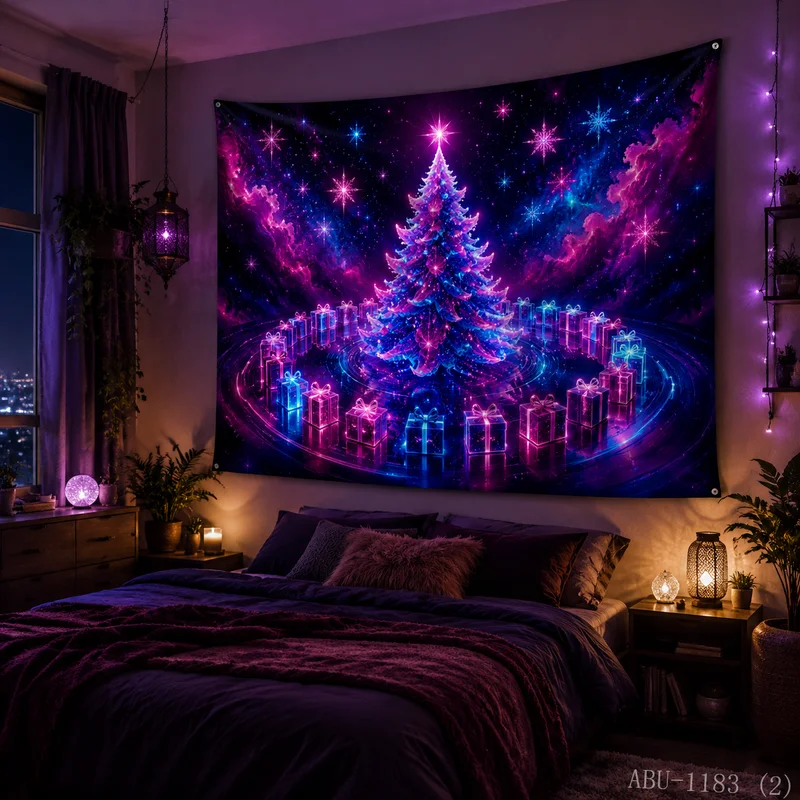 VIKAMA Dreamy Nebula Neon Christmas Tree Ring Gift Box Starry Sky Christmas Tapestry HD Background Wall Room Decoration