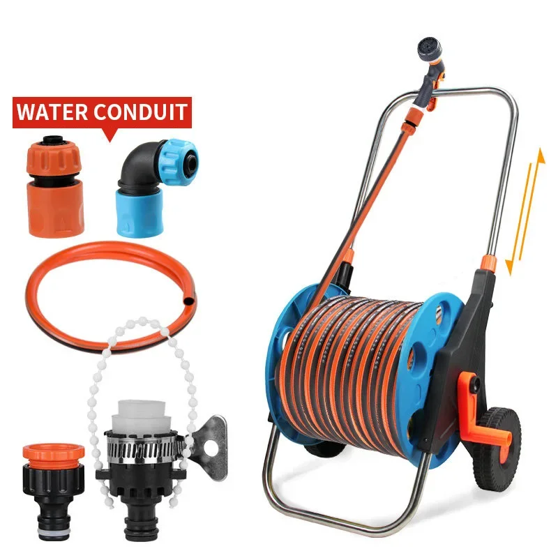 Garden Hand-Crank Hose Cart with Car Wash Spray Gun 40M/50M Set with Hose Reel for Home Use Watering Flowers and Houseplants