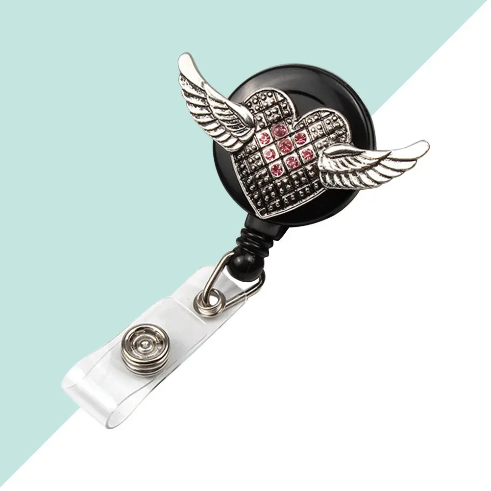 Wing Shaped Pink Retractable Badge Reel Id Sleeve Buckle Round Rhinestone Clip Easy Pull Buckle for Business Office Nurses