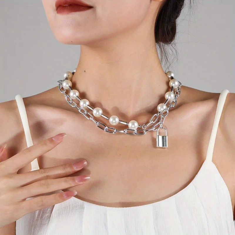 

Double Layer Pearl Collarbone Chain Fashionable Patchwork Hip-hop Necklace Women's Daily Accessories
