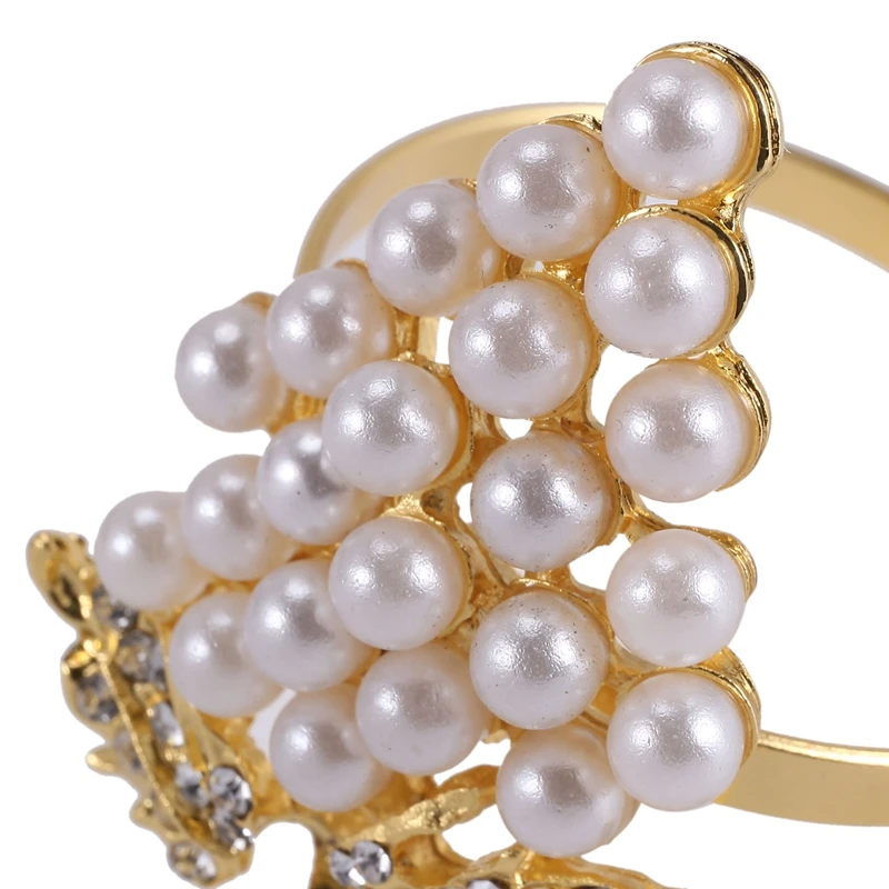 Grapes Napkin Rings Set Of 6, With Glittering Imitation Diamond And Pearls Inlay Alloy Napkin Ring Holder