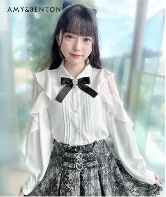 

Japanese Rojita Mine Blouse Chic Pearl Collar Lace Patchwork Ruffled Short Sleeve Button Shirt Women Summer New Blusas Femininas