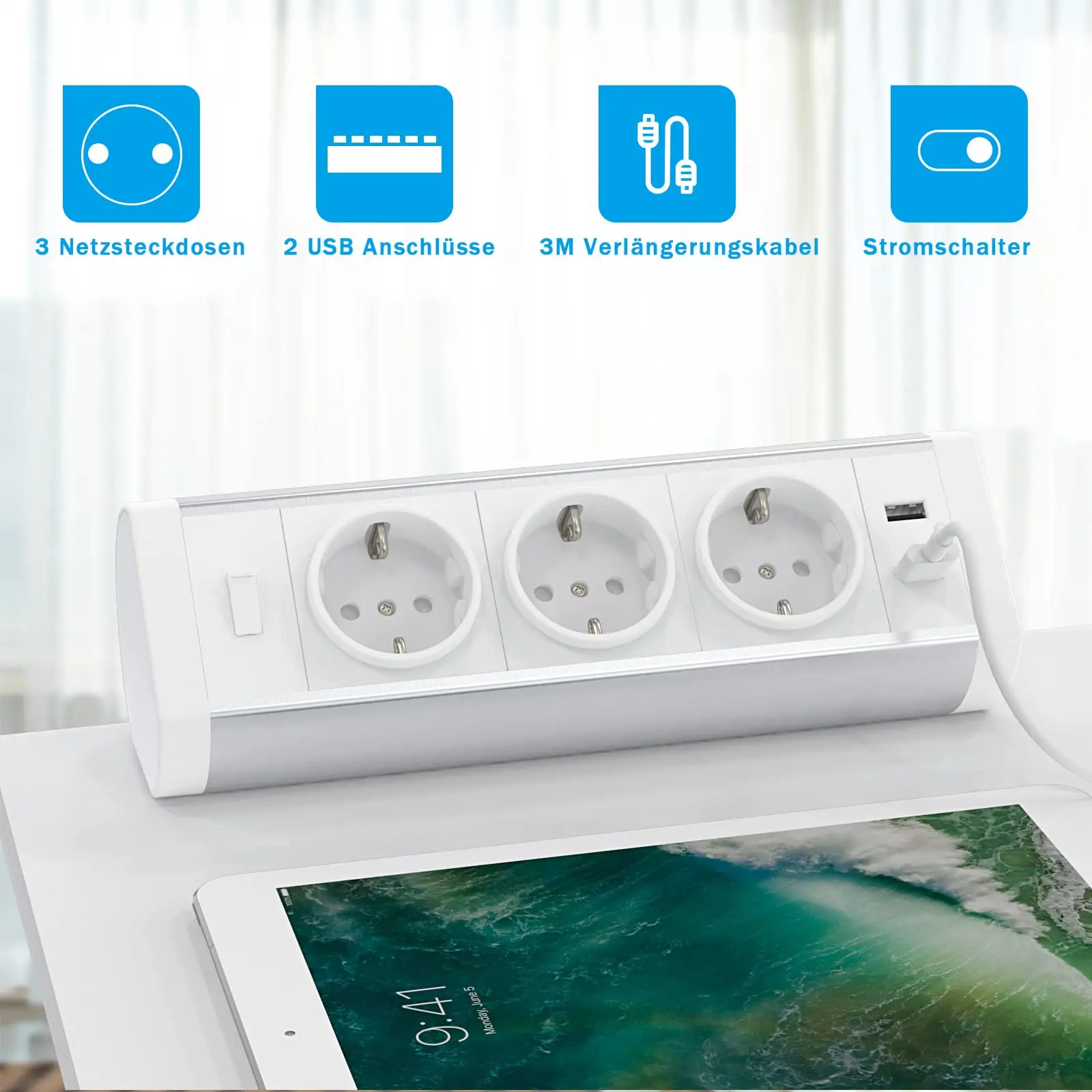 سطح المكتب الاتحاد الأوروبي منفذ قطاع الطاقة مع التبديل 3 مخرج تيار متردد مقبس USB متعدد المكونات 3m تمديد الحبل الزائد حماية