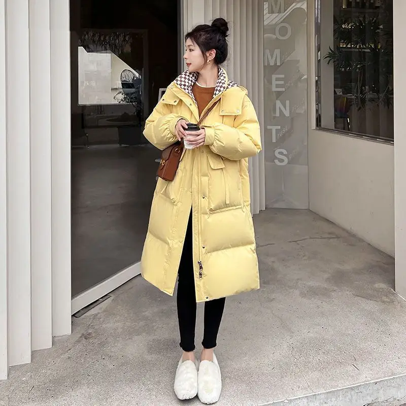 2024 Women's Long Down Cotton Jacket Hooded Color Blocked Cotton Jacket Korean Version Casual Fashion Thick Coat