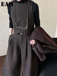 [EAM] Coffee Woolen Vest Wide Leg Pants Two Piece Suit New Round Neck Sleeveless Women Fashion Tide Autumn Winter 2024 1DH7803