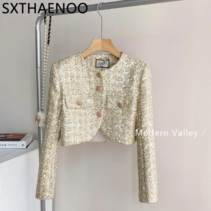 

SXTHAENOO French Style Small Fragrance Short Coat Women's Spring Vintage Temperament Advanced Sense Tweed Clothes Women Jacket