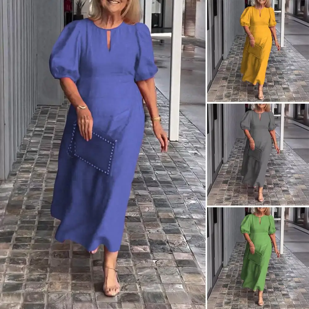 

A-line Dress Solid Color Dress Stylish Women's Bubble Sleeve Maxi Dress Chic Hollow Out A-line Design for Daily Wear Commute