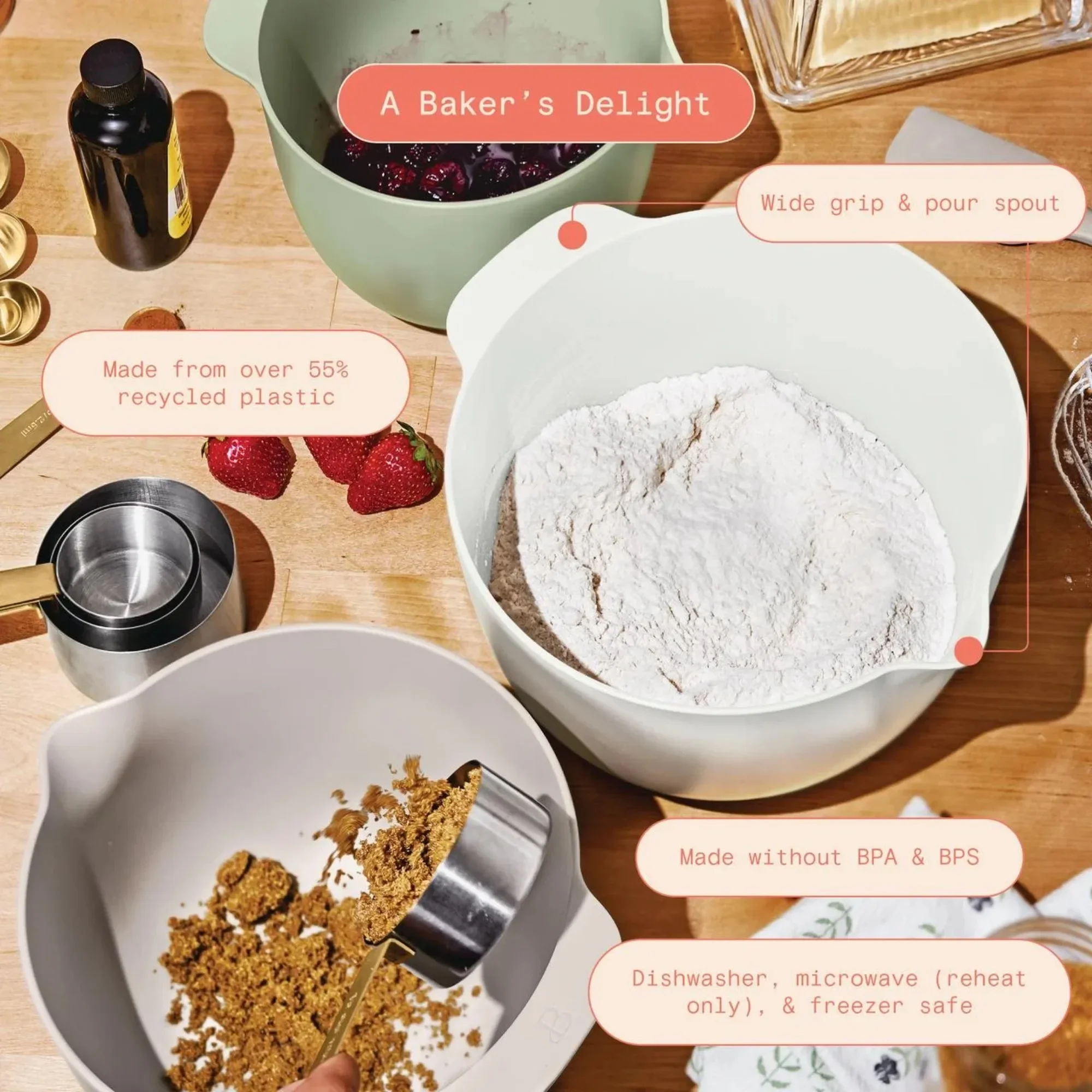 Set di ciotole per miscelazione da 3 pezzi, fondo antiscivolo in colori assortiti