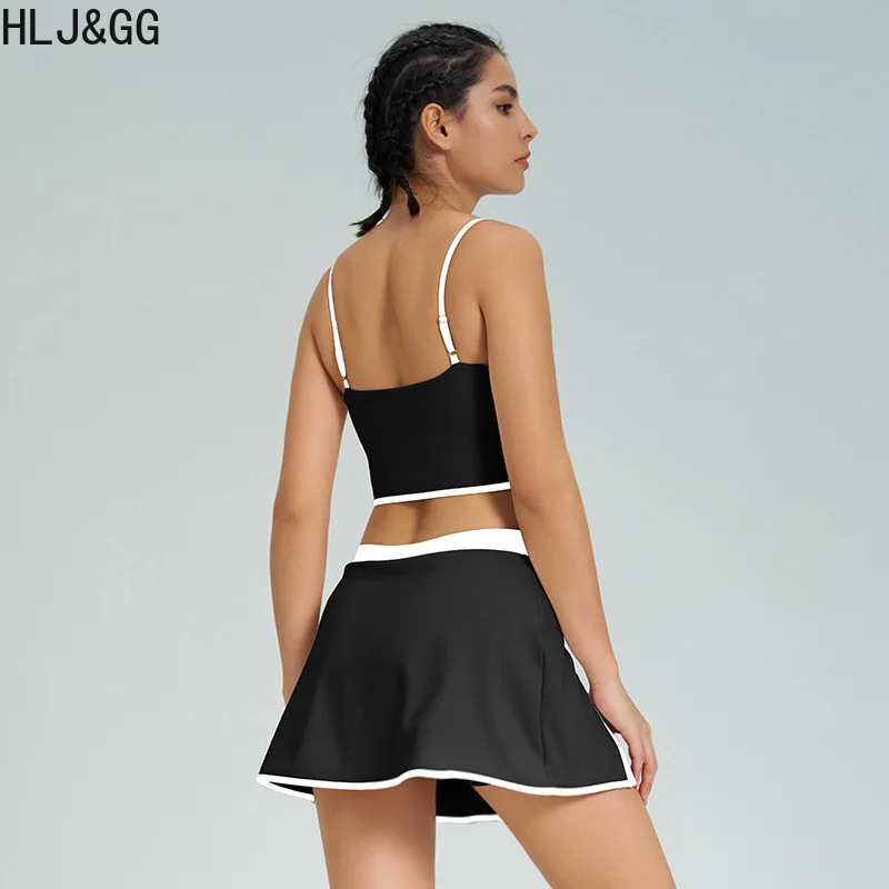 HLJ&GG Fashion High Quality Stretch Sporty Skirts Shorts Two Piece Sets Women Spaghetti Strap Slim Crop Top+Mini Skirts Outfits