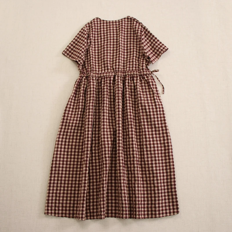 Summer Japanese Mori Girl Vintage Plaid Cotton Dress Women V-neck Short Sleeve Casual Loose Drawstring Waist A-line Midi Dresses