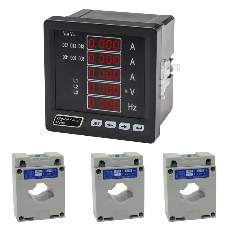 AC0-450V 0-50A 200A 45-65Hz multifunction digital panel meter 3 Phase ampere voltage and Hz meter with 3pcs current sensors