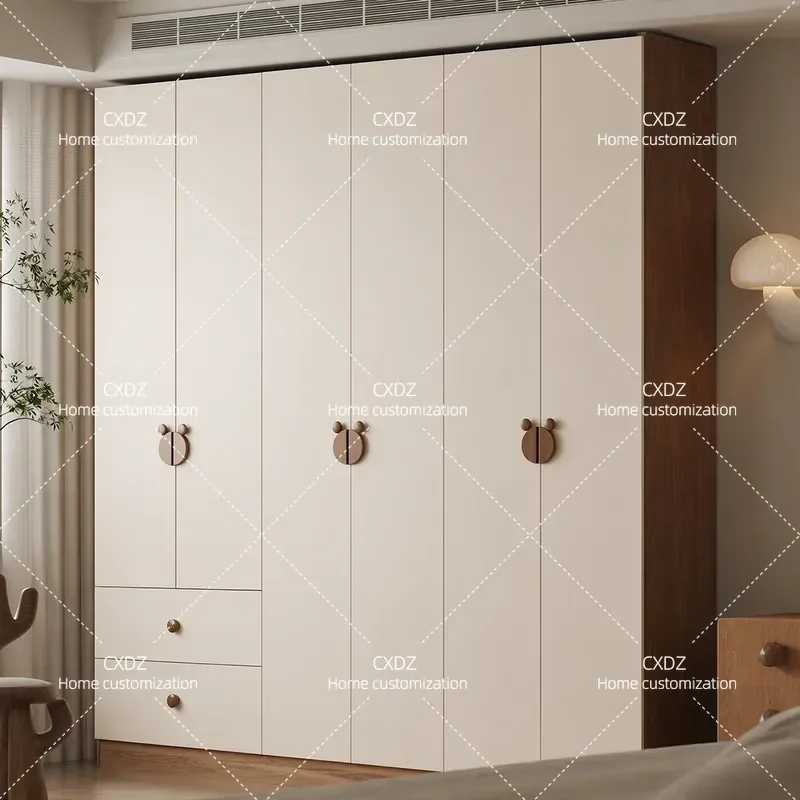 Oak Solid Wood Wardrobe Simple Bear Handle Cabinet Master Bedroom Cream Storage Closet