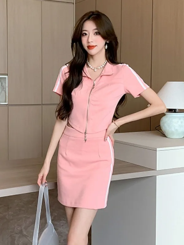 

High-End Zipper Short Skirt Set Women's Fashion Summer 2026 Chic Casual Two-Piece Suit High Waist Flattering Bodycon Look