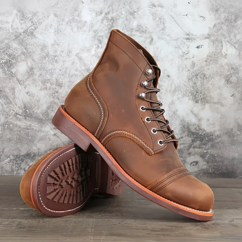 Durable Goodyear-Welted Motorcycle Rugged Heritage Boots Vintage Oil Genuine Leather  Red Punk For Men Cowhide Mid-Cut Shoes