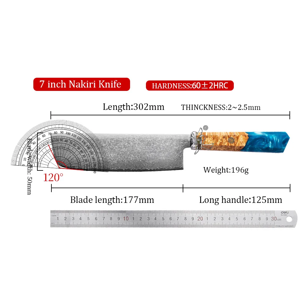 YAN Professional 7 inch Nakiri Knife Japanese Damascus VG10 Knife chef Kitchen Knife Octagonal Maple Burl Wood Composited Resin