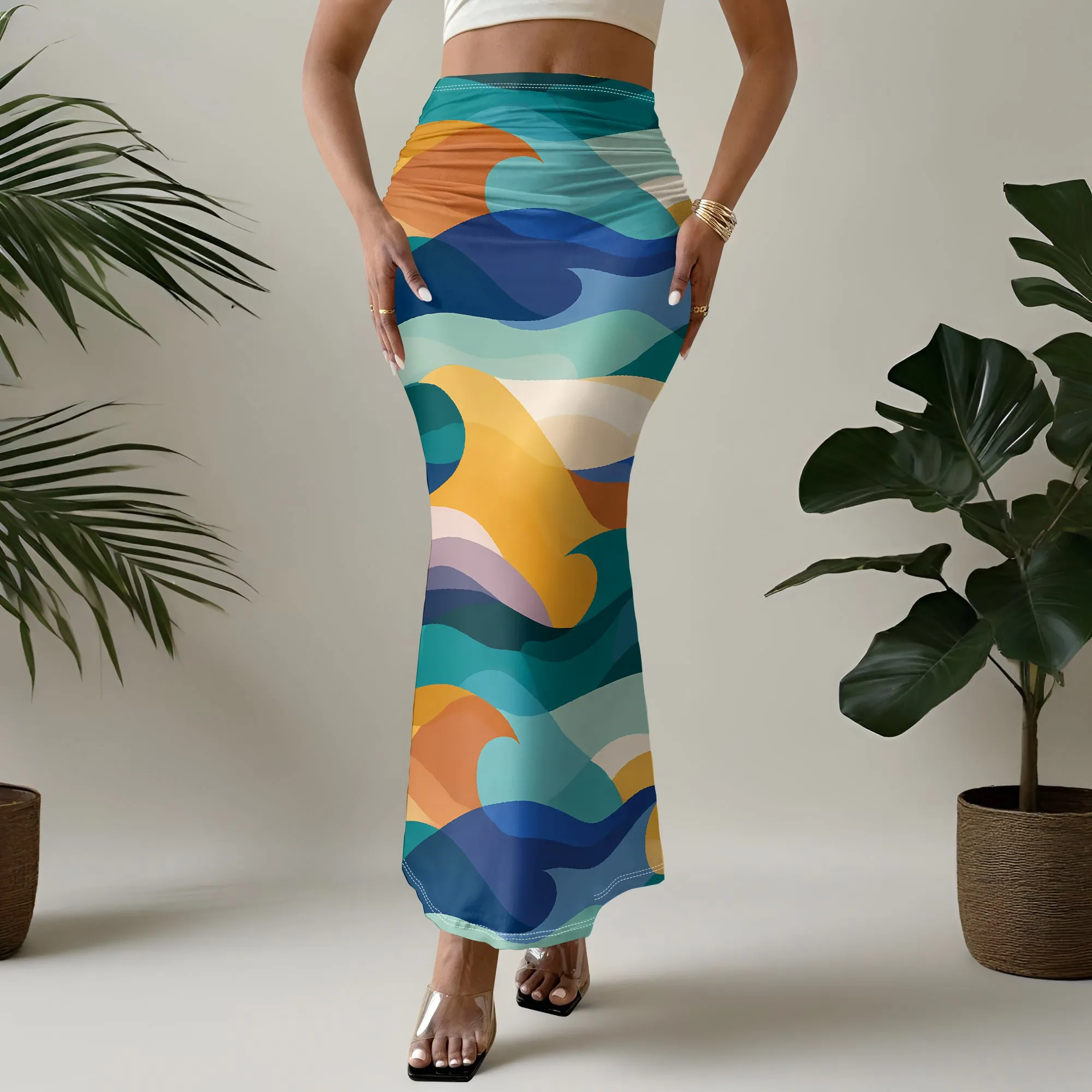 Abstract Print Mermaid Skirt, Colorful Wave Design Maxi Skirt, Stretchy Bodycon Pencil Skirt for Women, S-3XL