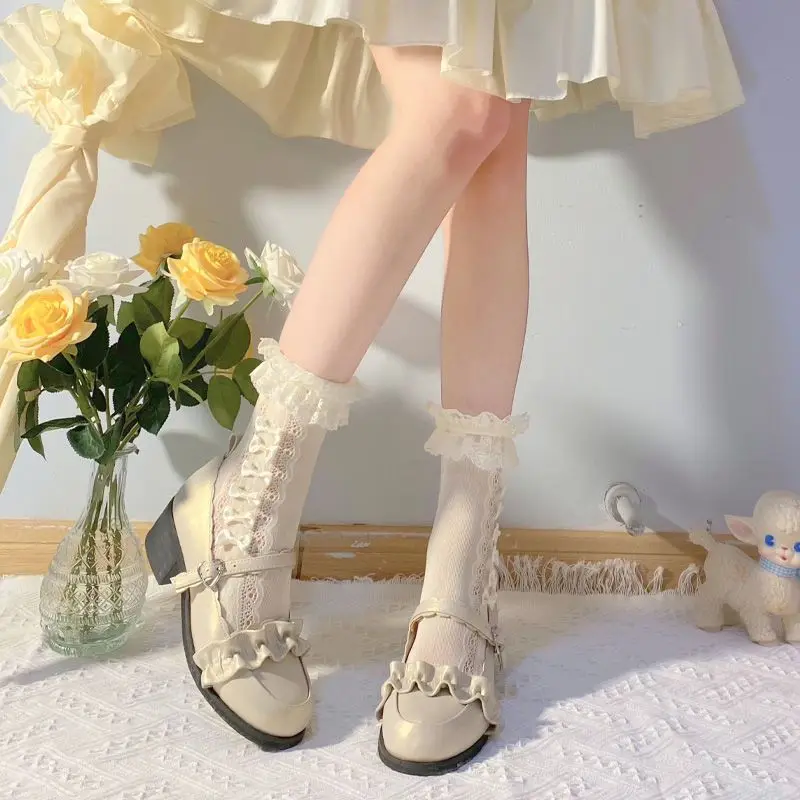 short stocking for young girls y2k clothing bow white beige socks jk lolita stocking