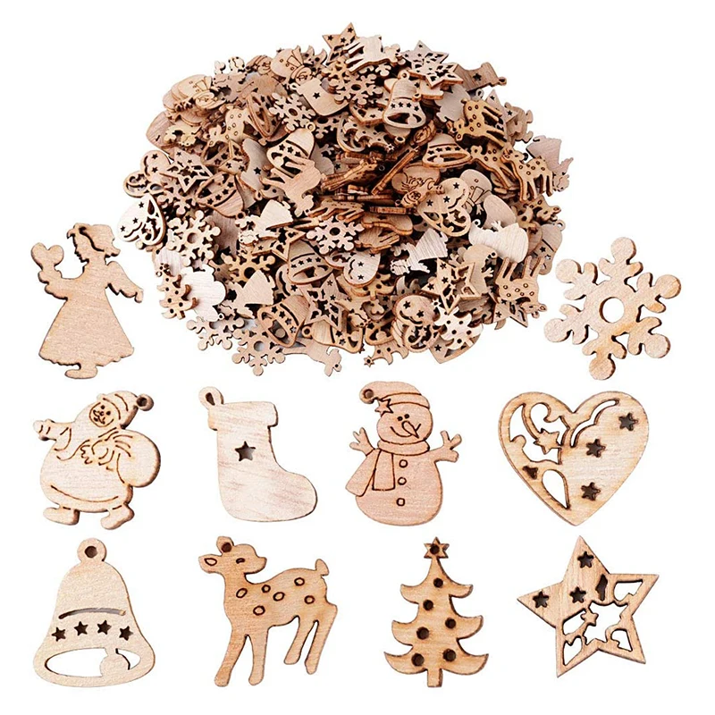 100pices Cartoon wooden Christmas snowflake tree Angel wood chip mixed Christmas DIY decoration accessories