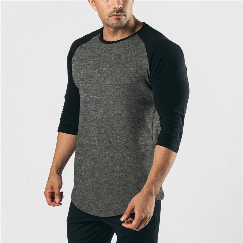 Three Quarter Sleeve T shirt Mens Autumn Spring Fashion Cotton Patchwork Silm Fit Gym Clothing Fitness T-shirt Sports Tshirt