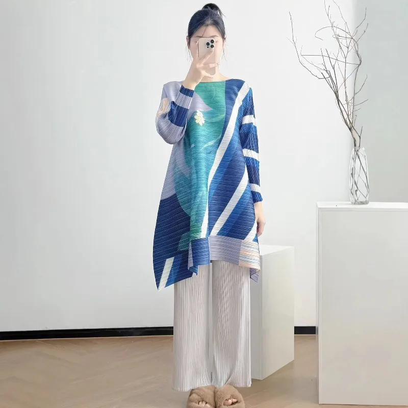 

Плиссированная футболка Miyake с принтом, весна 2026, повседневная, с длинным рукавом, свободная, больших размеров, тонкая, женская, средней длины