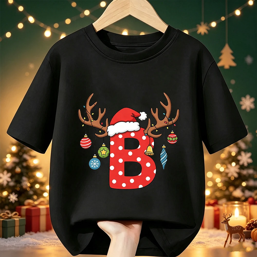 Christmas Antlers Santa Hat A‑Z 26 Alphabet Printed Kids Tee Cotton O‑Neck Short Sleeve Boys Girls Winter Holiday Party Tops