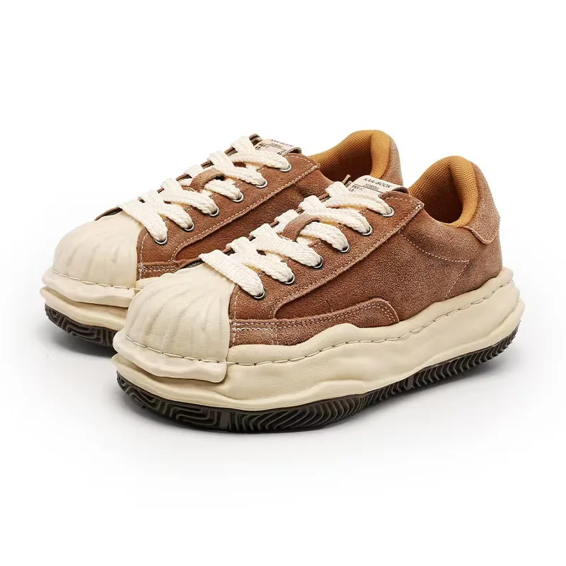 

Pleated-toe Low-top Sneakers Brown Platform Shell-toe Sneakers Washed Distressed Dissolving Shoes