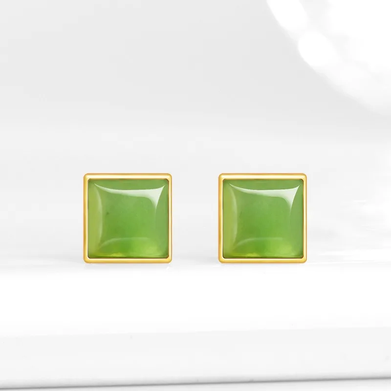 

TIMESWIND Square Natural Hetian Green Jade S925 Silver Simple Fashion Women Earrings Certificate