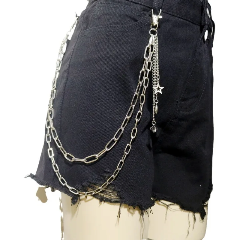 سلسلة بانت من سبائك الحديد مع سحر النجوم والقمر - إكسسوار سلسلة مفاتيح عصرية متعددة الطبقات على شكل هيب هوب